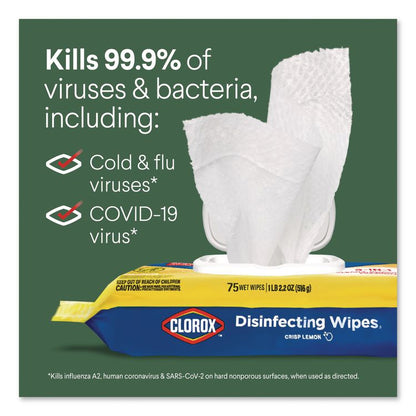 Disinfecting Cleaning Wipes, Flex Pack, 1-Ply, 8 x 7, Lemon Scent, White, 75 Towels/Box