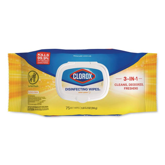 Disinfecting Cleaning Wipes, Flex Pack, 1-Ply, 8 x 7, Lemon Scent, White, 75 Towels/Box
