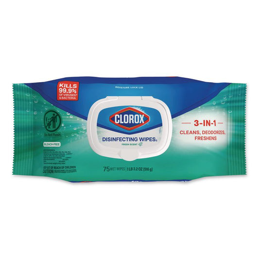 Disinfecting Cleaning Wipes, Flex Pack, 1-Ply, 8 x 7, Fresh Scent, White, 75 Towels/Box
