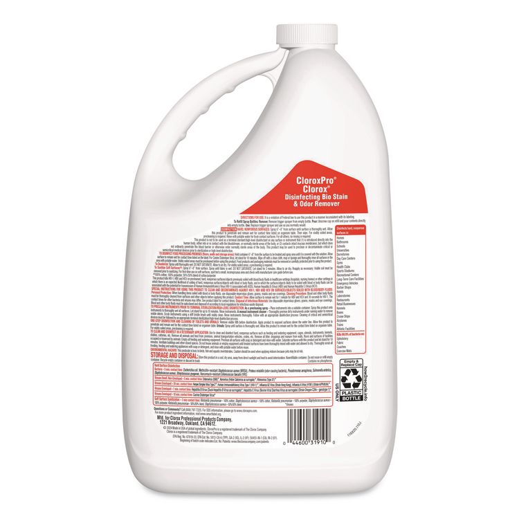 CloroxPro Disinfecting Bio Stain and Odor Remover, Fragranced, 128 oz Refill Bottle, 4/Carton