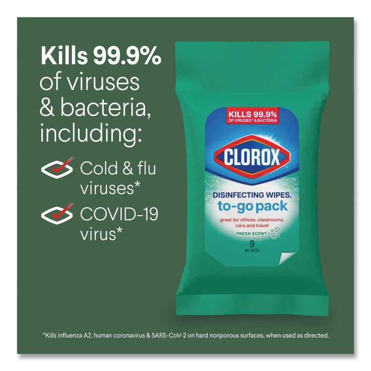 Disinfecting Wipes, On the Go Bleach Free Travel Wipes, 1-Ply, 6.53 x 2.79, Fresh Scent, White, 9/Pack, 24 Packs/Carton