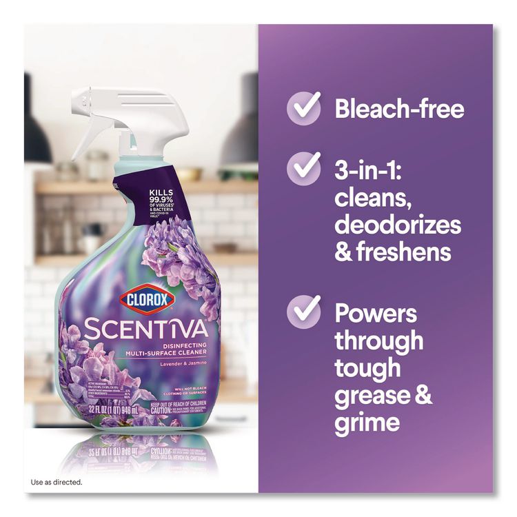 Scentiva Disinfecting Multi-Surface Cleaner, Bleach Free, Lavender and Jasmine Scent, 32 oz Spray Bottle