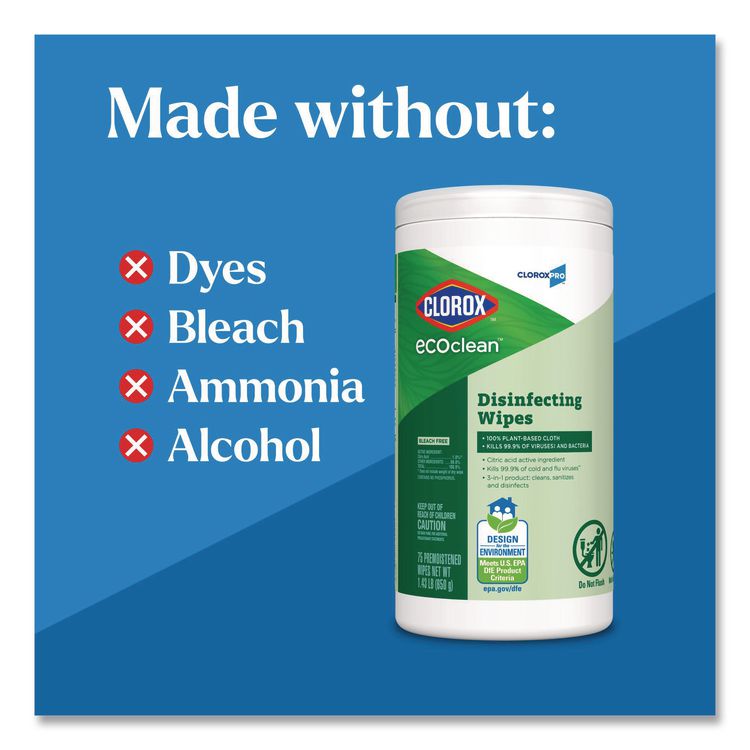 CloroxPro EcoClean Disinfecting Wipes, 1-Ply, 8 x 7, Unscented, White, 75 Count