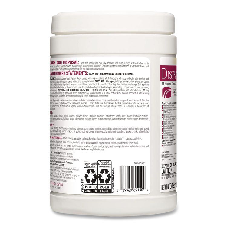 Dispatch Hospital Cleaner Disinfectant Towels w/Bleach, 1-Ply, 6.75 x 8, Unscented, White, 150/Canister, 8 Canisters/Carton