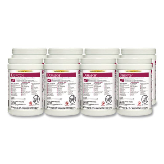 Dispatch Hospital Cleaner Disinfectant Towels w/Bleach, 1-Ply, 6.75 x 8, Unscented, White, 150/Canister, 8 Canisters/Carton