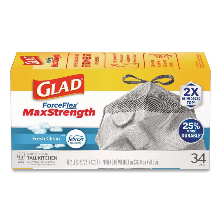 ForceFlex MaxStrength Tall Kitchen Drawstring Trash Bags, 13 gal, Fresh Clean Scent, 24 x 28, White, 34/Box, 6 Boxes/Carton
