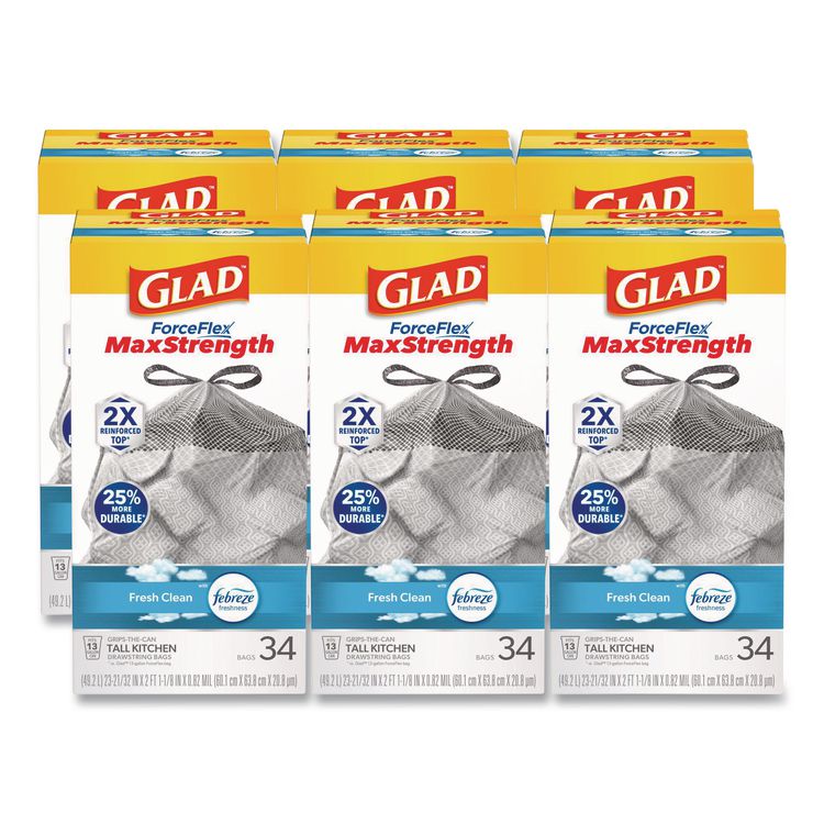 ForceFlex MaxStrength Tall Kitchen Drawstring Trash Bags, 13 gal, Fresh Clean Scent, 24 x 28, White, 34/Box, 6 Boxes/Carton