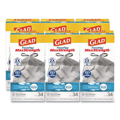 ForceFlex MaxStrength Tall Kitchen Drawstring Trash Bags, 13 gal, Fresh Clean Scent, 24 x 28, White, 34/Box, 6 Boxes/Carton