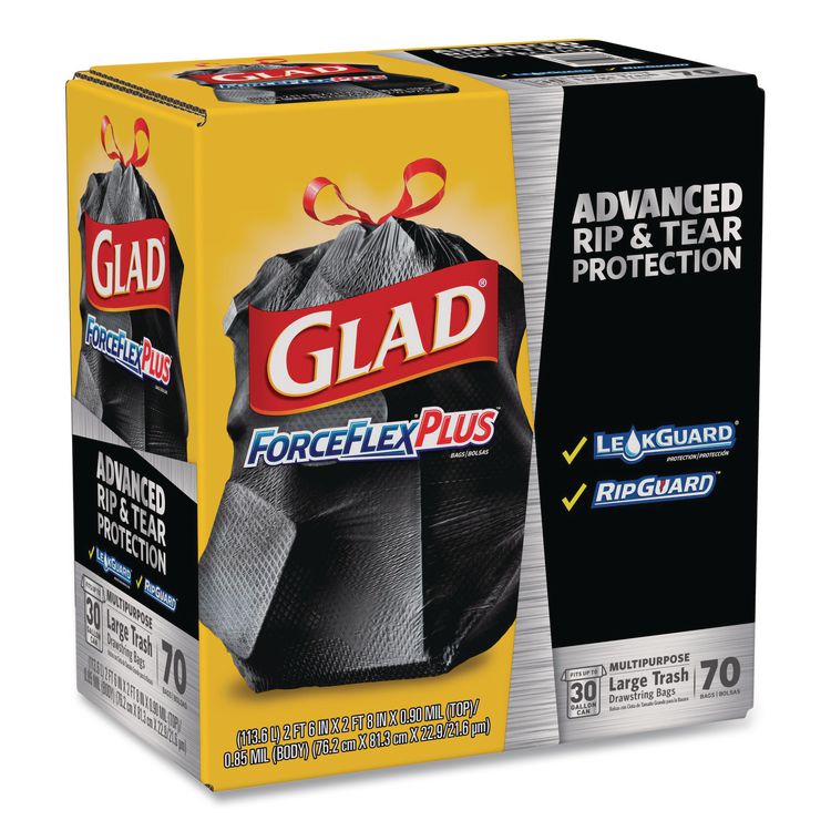 ForceFlexPlus Drawstring Large Trash Bags, 30 gal, 1.05 mil, 30" x 32", Black, 70/Box