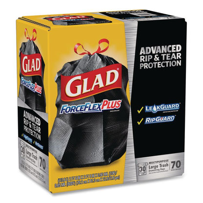 ForceFlexPlus Drawstring Large Trash Bags, 30 gal, 1.05 mil, 30" x 32", Black, 70/Box