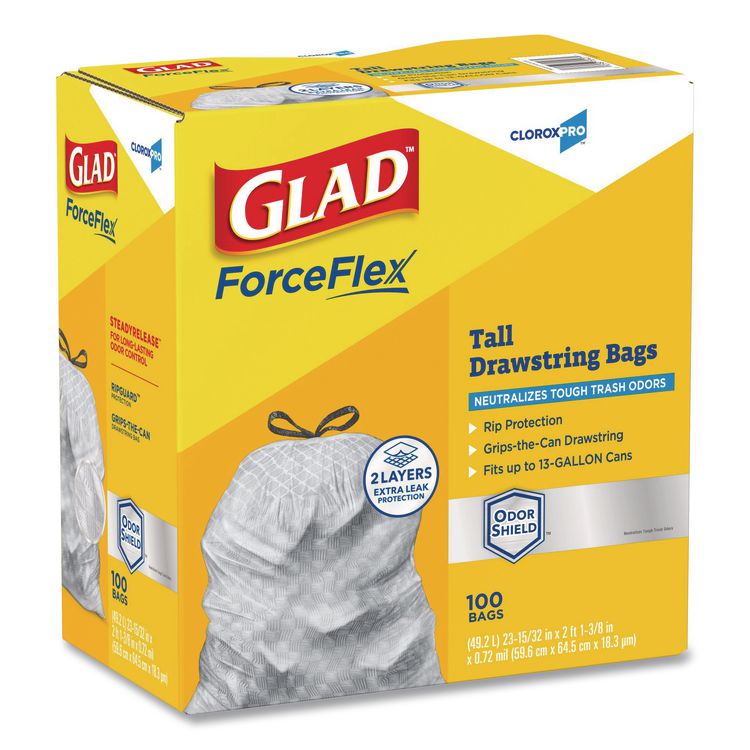 CloroxPro ForceFlex Tall Kitchen Drawstring Trash Bags, 13 gal, 23.75 x 24.88, Gray, 100/Box
