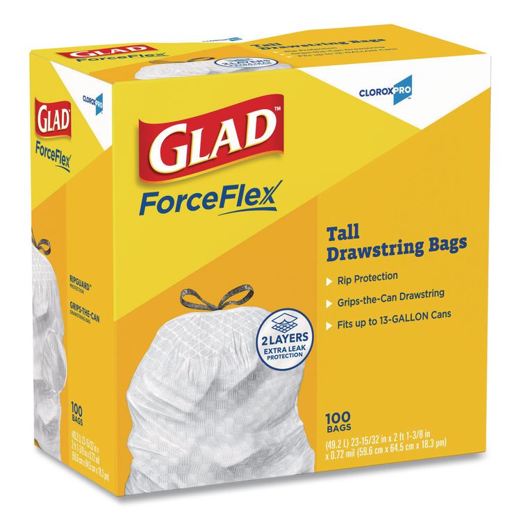 CloroxPro ForceFlex Tall Kitchen Drawstring Trash Bags, 13 gal, 24 x 27.38, Gray, 100/Box