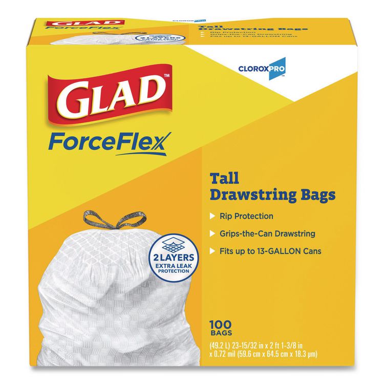 CloroxPro ForceFlex Tall Kitchen Drawstring Trash Bags, 13 gal, 24 x 27.38, Gray, 100/Box