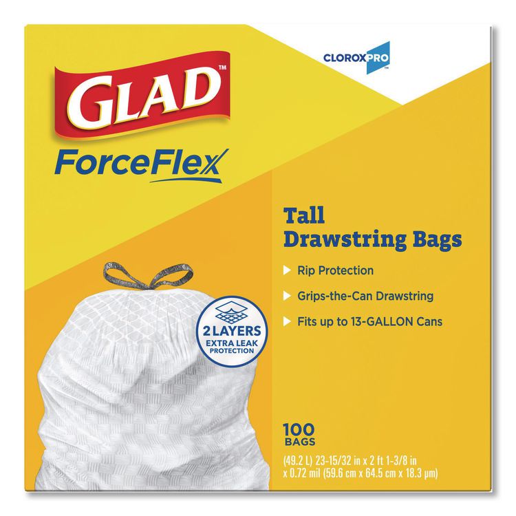 CloroxPro ForceFlex Tall Kitchen Drawstring Trash Bags, 13 gal, 24 x 27.38, Gray, 100 Bags/Box, 4 Boxes/Carton