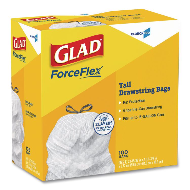 CloroxPro ForceFlex Tall Kitchen Drawstring Trash Bags, 13 gal, 24 x 27.38, Gray, 100 Bags/Box, 4 Boxes/Carton