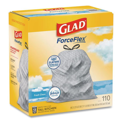 ForceFlex Tall Kitchen Drawstring Trash Bags, Drawstring, 13 gal, Fresh Clean Scent, 23.47 x 25.38, Gray, 110/Roll, 3/Carton