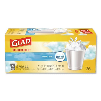 OdorShield Quick-Tie Small Trash Bags, Tie-Flap, 4 gal, Febreze Fresh Clean Scent, 8 x 18, White, 26 Bags/Box, 6 Boxes/Carton