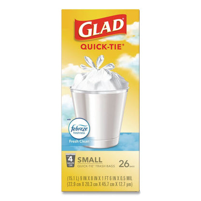 OdorShield Quick-Tie Small Trash Bags, Tie-Flap, 4 gal, Febreze Fresh Clean Scent, 8 x 18, White, 26 Bags/Box, 6 Boxes/Carton