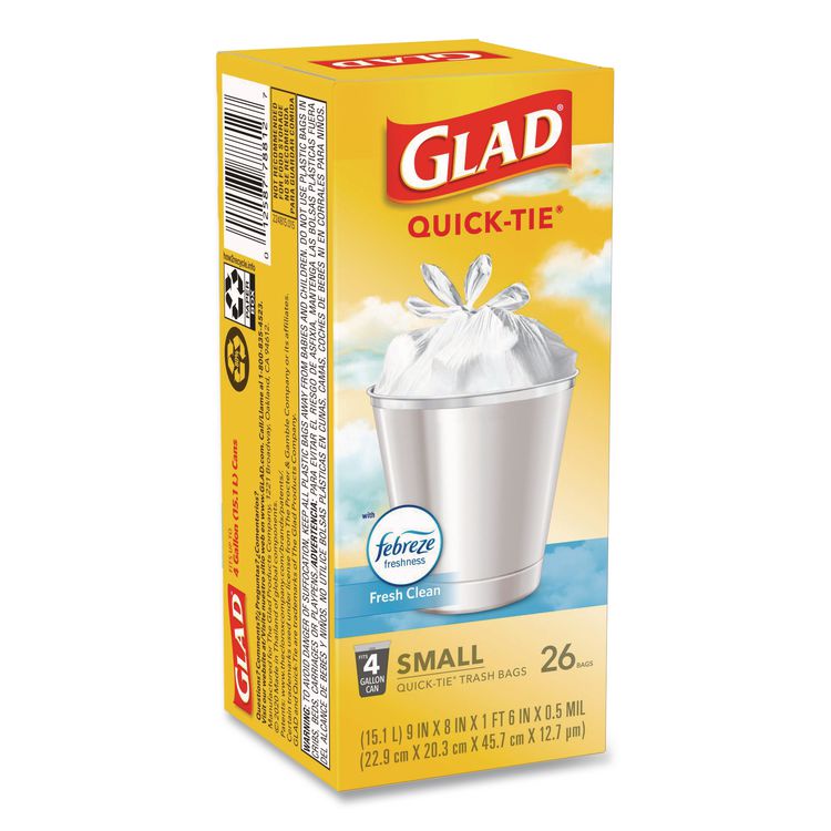 OdorShield Quick-Tie Small Trash Bags, Tie-Flap, 4 gal, Febreze Fresh Clean Scent, 8 x 18, White, 26 Bags/Box, 6 Boxes/Carton