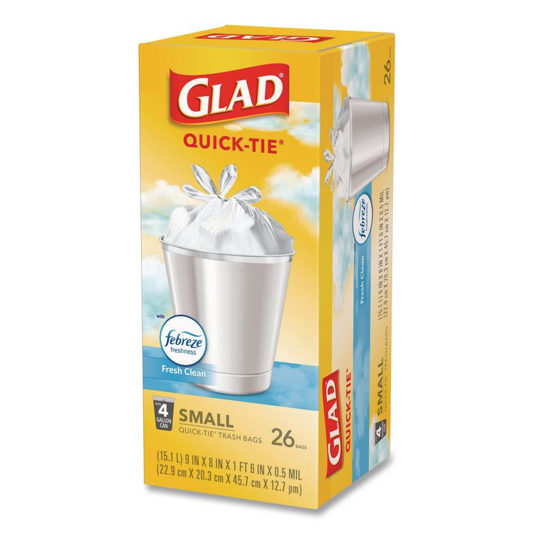 OdorShield Quick-Tie Small Trash Bags, Tie-Flap, 4 gal, Febreze Fresh Clean Scent, 8 x 18, White, 26 Bags/Box, 6 Boxes/Carton