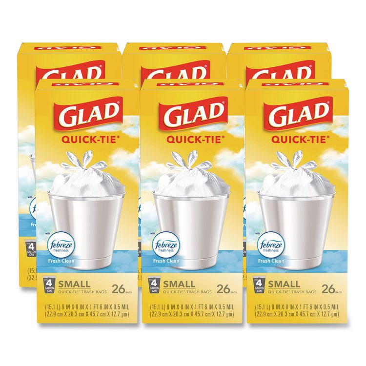 OdorShield Quick-Tie Small Trash Bags, Tie-Flap, 4 gal, Febreze Fresh Clean Scent, 8 x 18, White, 26 Bags/Box, 6 Boxes/Carton