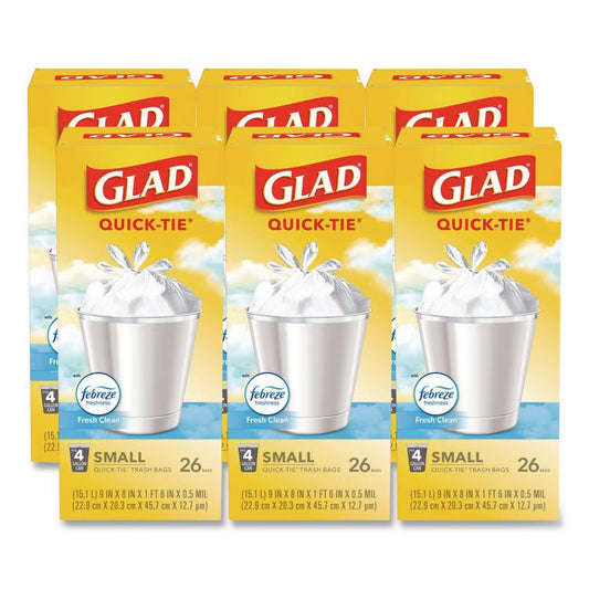 OdorShield Quick-Tie Small Trash Bags, Tie-Flap, 4 gal, Febreze Fresh Clean Scent, 8 x 18, White, 26 Bags/Box, 6 Boxes/Carton