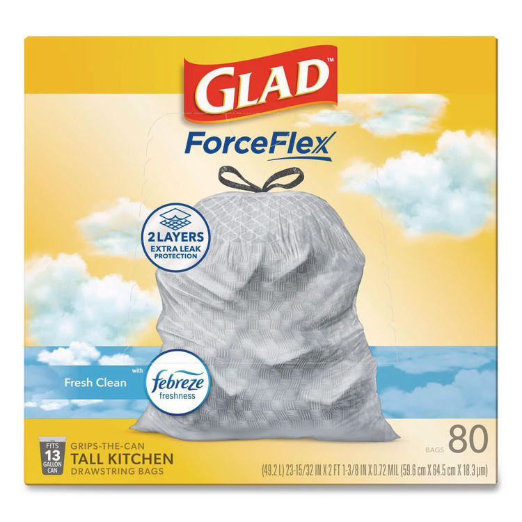 ForceFlex Kitchen Drawstring Trash Bags, 13 gal, Fresh Clean Scent, 24" x 27.38", White, 80 Bags/Box, 3 Boxes/Carton