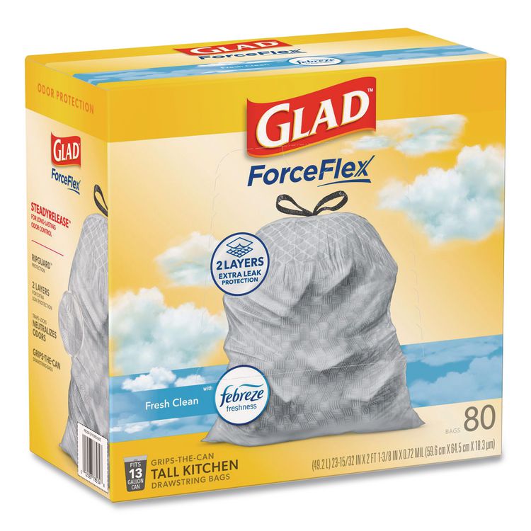 ForceFlex Kitchen Drawstring Trash Bags, 13 gal, Fresh Clean Scent, 24" x 27.38", White, 80 Bags/Box, 3 Boxes/Carton