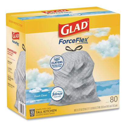 ForceFlex Kitchen Drawstring Trash Bags, 13 gal, Fresh Clean Scent, 24" x 27.38", White, 80 Bags/Box, 3 Boxes/Carton