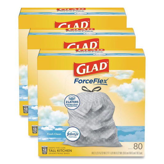 ForceFlex Kitchen Drawstring Trash Bags, 13 gal, Fresh Clean Scent, 24" x 27.38", White, 80 Bags/Box, 3 Boxes/Carton