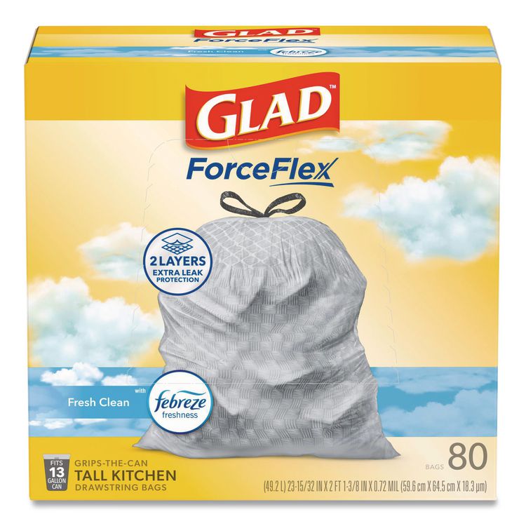 ForceFlex Kitchen Drawstring Trash Bags, 13 gal, Fresh Clean with Febreze Freshness, 24 x 27.38, White, 80/Box