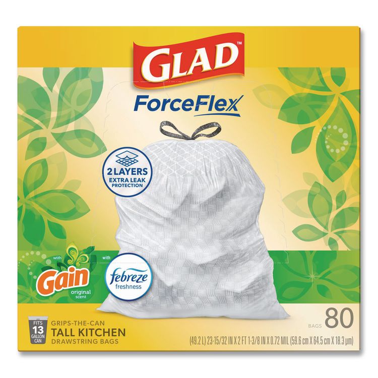 ForceFlex Kitchen Drawstring Trash Bags, 13 gal, Gain Original Scent, 24" x 27.38", White, 80 Bags/Box, 3 Boxes/Carton