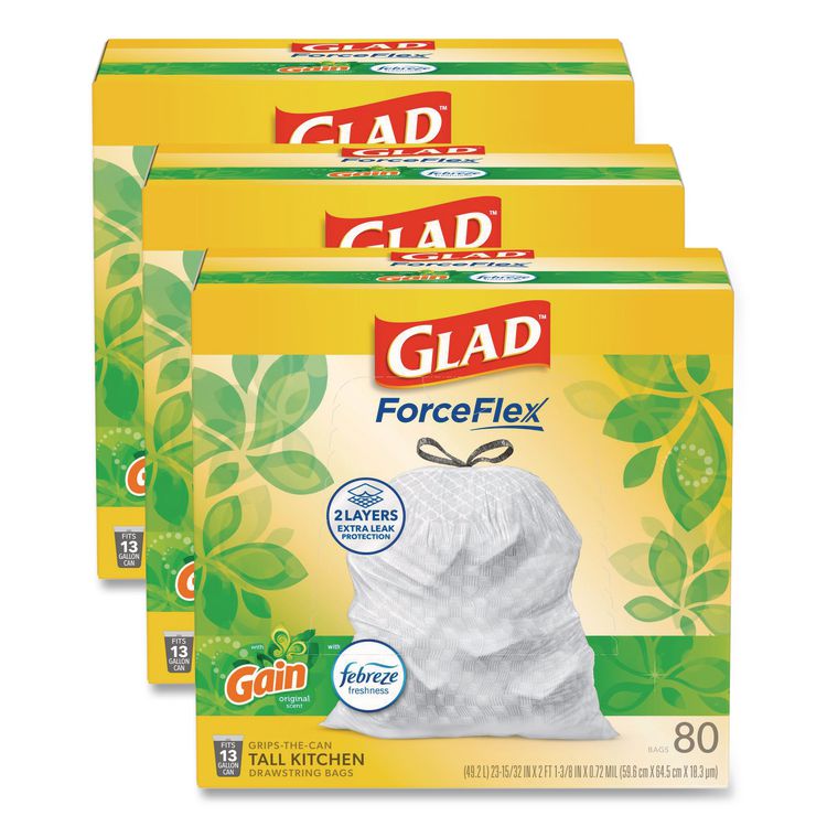 ForceFlex Kitchen Drawstring Trash Bags, 13 gal, Gain Original Scent, 24" x 27.38", White, 80 Bags/Box, 3 Boxes/Carton