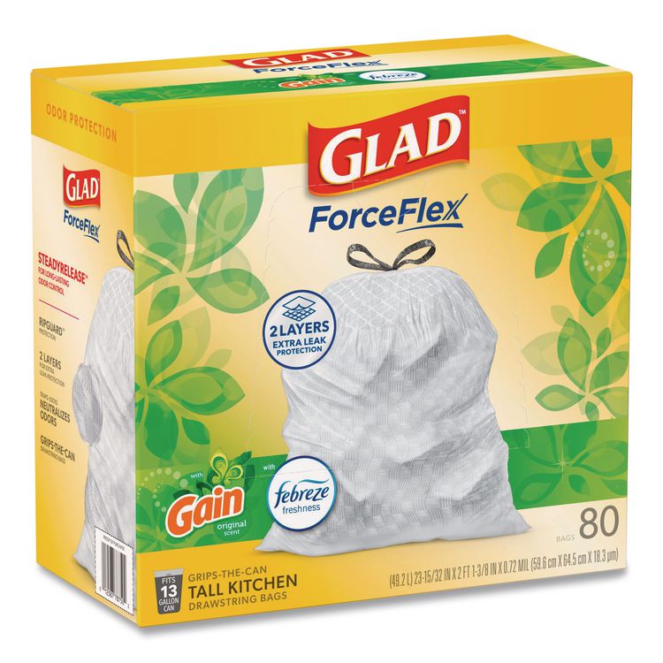 ForceFlex Kitchen Drawstring Trash Bags, 13 gal, Gain Original Scent, 24 x 27.38, White, 80/Box