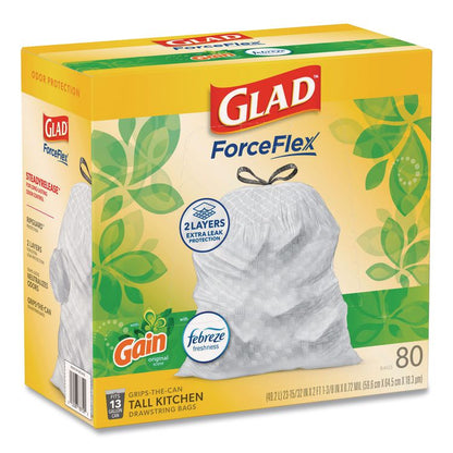 ForceFlex Kitchen Drawstring Trash Bags, 13 gal, Gain Original Scent, 24 x 27.38, White, 80/Box