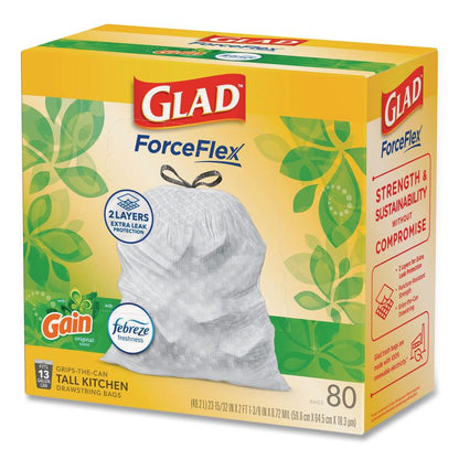 ForceFlex Kitchen Drawstring Trash Bags, 13 gal, Gain Original Scent, 24 x 27.38, White, 80/Box
