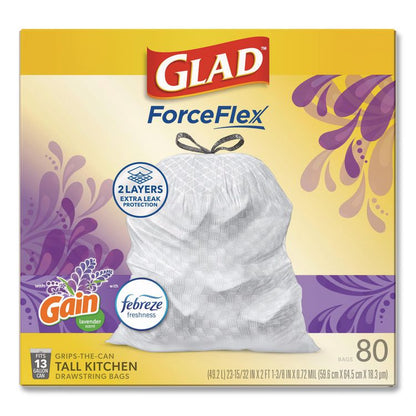 ForceFlex Kitchen Drawstring Trash Bags, 13 gal, Gain Lavender Scent, 24 x 27.38, White, 80 Bags/Box, 3 Boxes/Carton