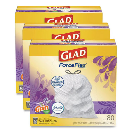 ForceFlex Kitchen Drawstring Trash Bags, 13 gal, Gain Lavender Scent, 24 x 27.38, White, 80 Bags/Box, 3 Boxes/Carton