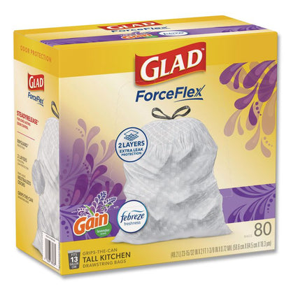 ForceFlex Kitchen Drawstring Trash Bags, 13 gal, Gain Lavender with Febreze Freshness, 24 x 27.38, White, 80/Box