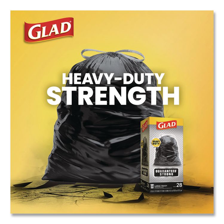 Guaranteed Strong Large Drawstring Trash Bags, Three-Ply, 30 gal, 1.05 mil, 30 x 33, Black, 28/Box