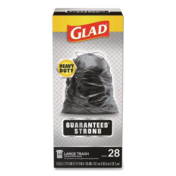 Guaranteed Strong Large Drawstring Trash Bags, Three-Ply, 30 gal, 1.05 mil, 30 x 33, Black, 28/Box