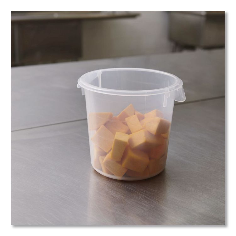 Round Storage Containers, 4 qt, 8.5" Diameter x 7.5" h, Plastic, Clear