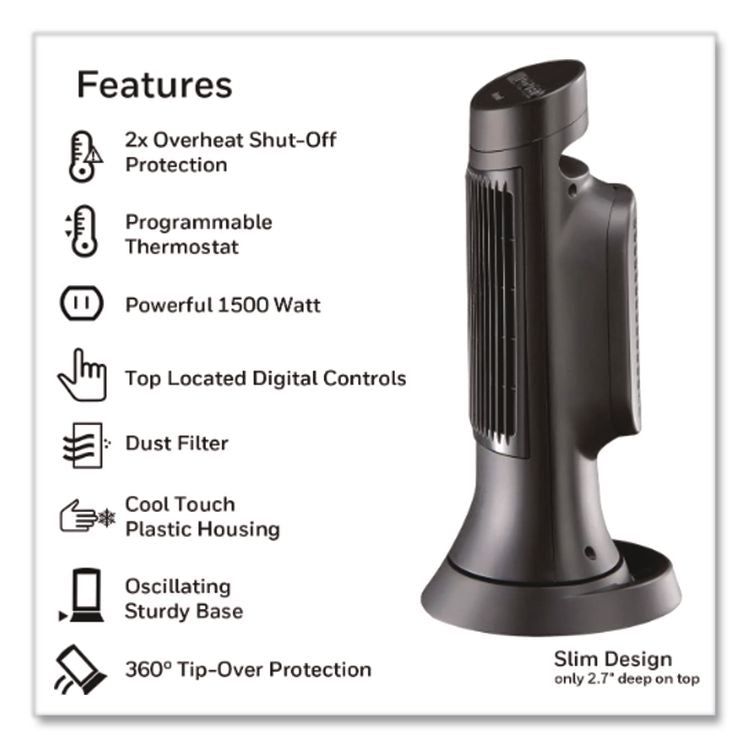Digital Ceramic Mini Tower Heater, 1,500 W, 10 x 7.63 x 14, Black