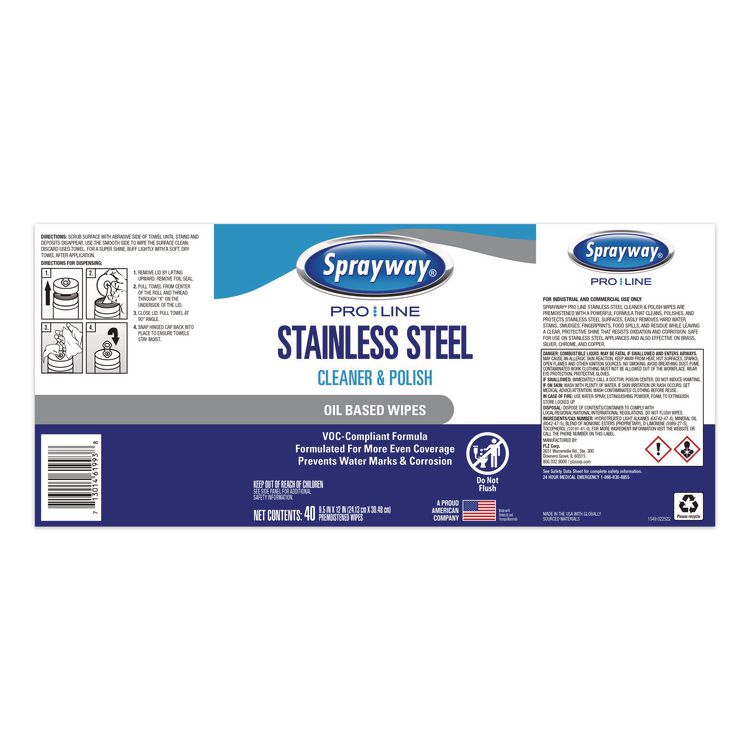 Stainless Steel Wipes, 1-Ply, 9.5 x 12, Unscented, White, 40 Wipes/Canister, 6 Canisters/Carton