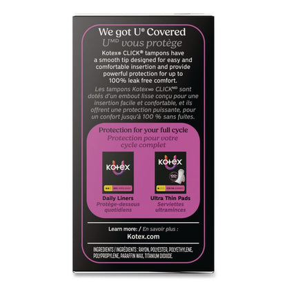 U by Kotex Click Compact Tampons, Regular Absorbency, 16/Pack, 8 Packs/Carton