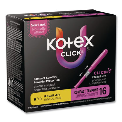 U by Kotex Click Compact Tampons, Regular Absorbency, 16/Pack, 8 Packs/Carton