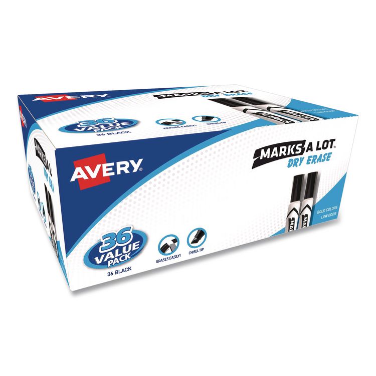 MARKS A LOT Desk-Style Dry Erase Marker Value Pack, Broad Chisel Tip, Black, 36/Pack