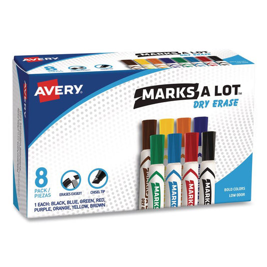 MARKS A LOT Desk-Style Dry Erase Marker, Broad Chisel Tip, Assorted Colors, 8/Set