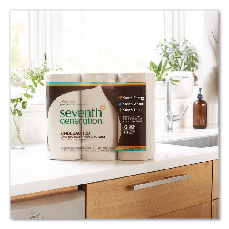 Natural Unbleached 100% Recycled Paper Kitchen Towel Rolls, 2-Ply, 11 x 9, 120/Roll, 6 Rolls/Pack