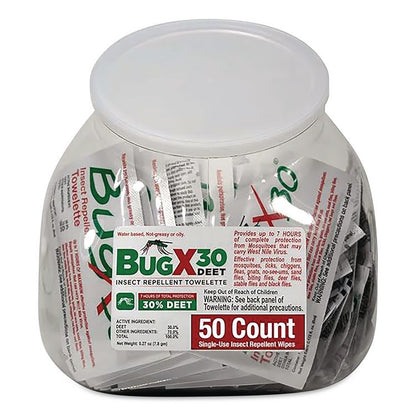BugX30 Fish Bowl Insect Repellent Wipes, 2 mL Packet, 50/Bowl